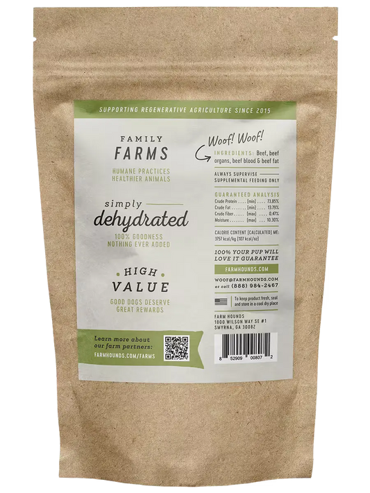 Farm Hounds beef treats in strips, showing a close-up of the natural beef treat strips on a dark background.
