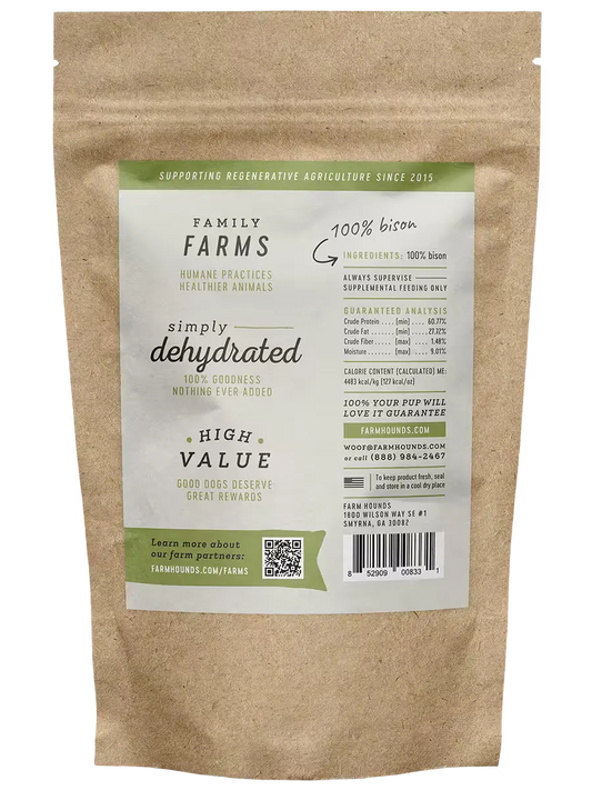 Back view of Farm Hounds Bison Strips, natural beef jerky strips made from high-quality bison meat.