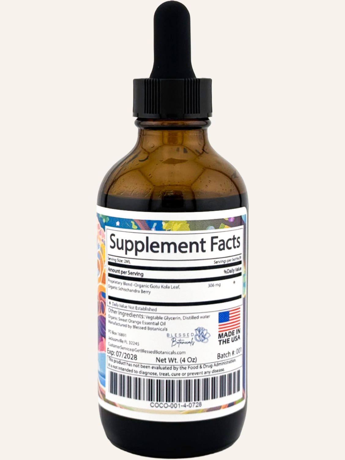 Blessed Botanicals Organic Cortisol Control supplement facts label showing ingredients and nutritional information.