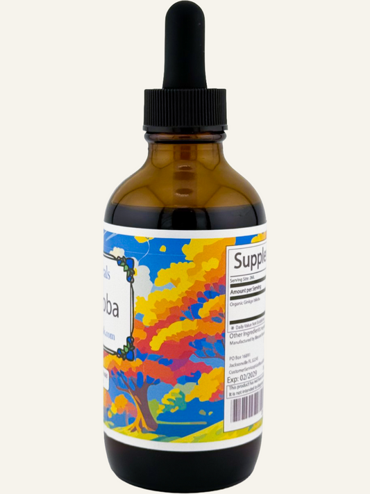 Side view of Blessed Botanicals Organic Ginkgo Biloba herbal supplement bottle with label showing ginkgo leaves and product details.