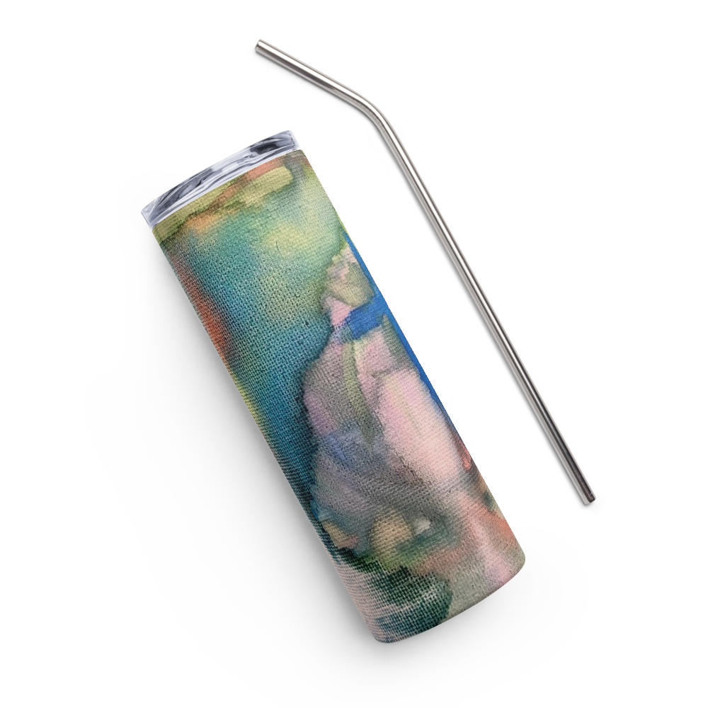 Alcohol ink tumbler with a stainless steel straw showing abstract art with blues pinks and greens