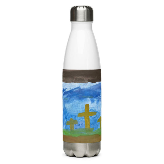 Child's acrylic painting on stainless steel water bottle depicting a landscape with a large gold cross and smaller crosses under a blue sky featuring brown and green accents