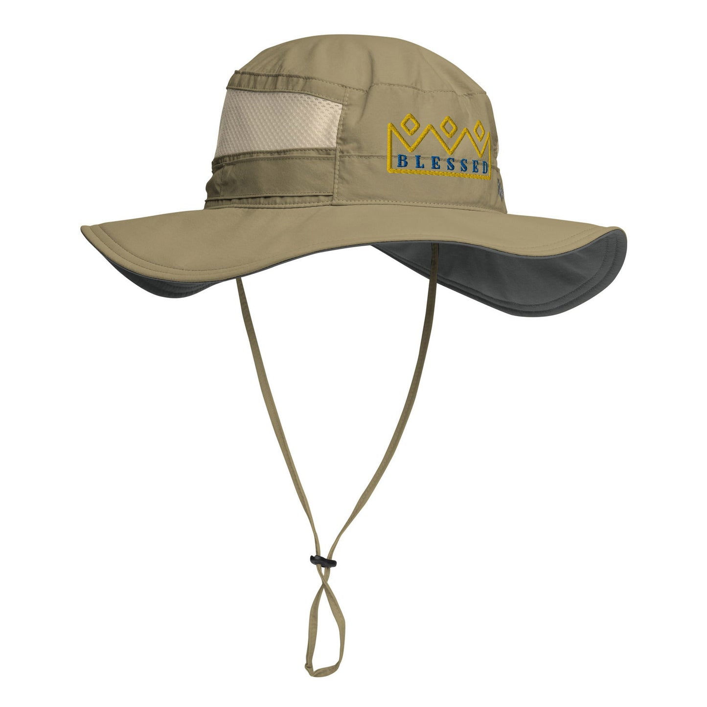 Beige and gray embroidered Blessed crown bucket hat with mesh panel and adjustable chin strap