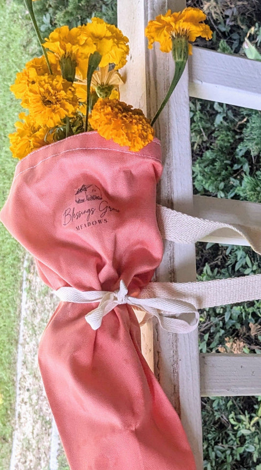 Sage green handmade bouquet carry bag from Blessings Grow Meadows Merch & More, designed for market flowers and accessories.