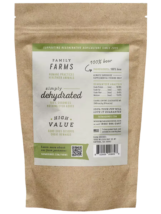 Farm Hounds boar strips, natural dried pork strips, showing the textured, meaty surface of the product.