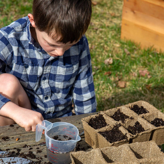 Six-cell CowPots® #3 biodegradable seedling pots from Bootstrap Farmer arranged in a tray.