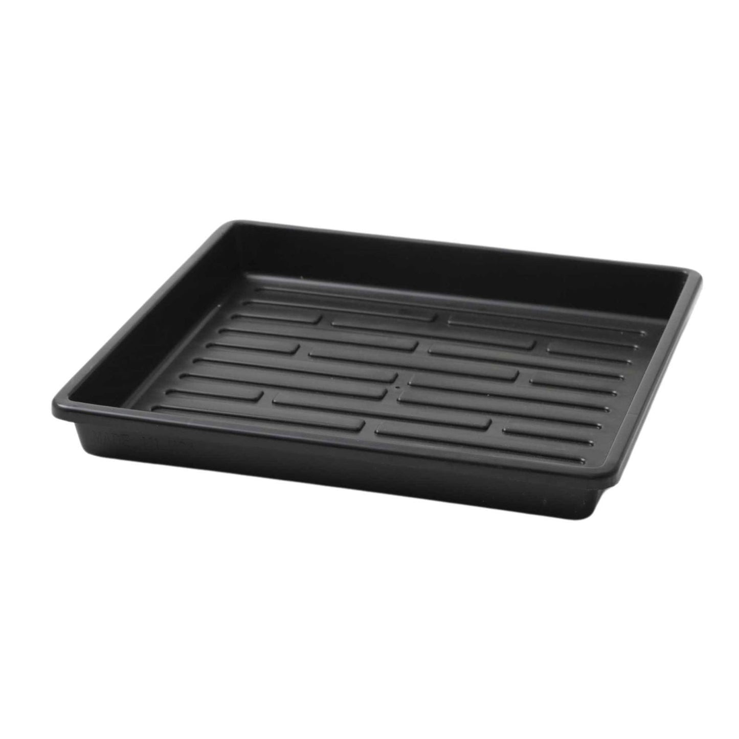 Plastic rectangular tray with ribbed bottom for drainage shown against a white background