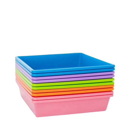 Stack of colorful plastic containers against a white background showcasing vibrant hues of blue green orange and pink