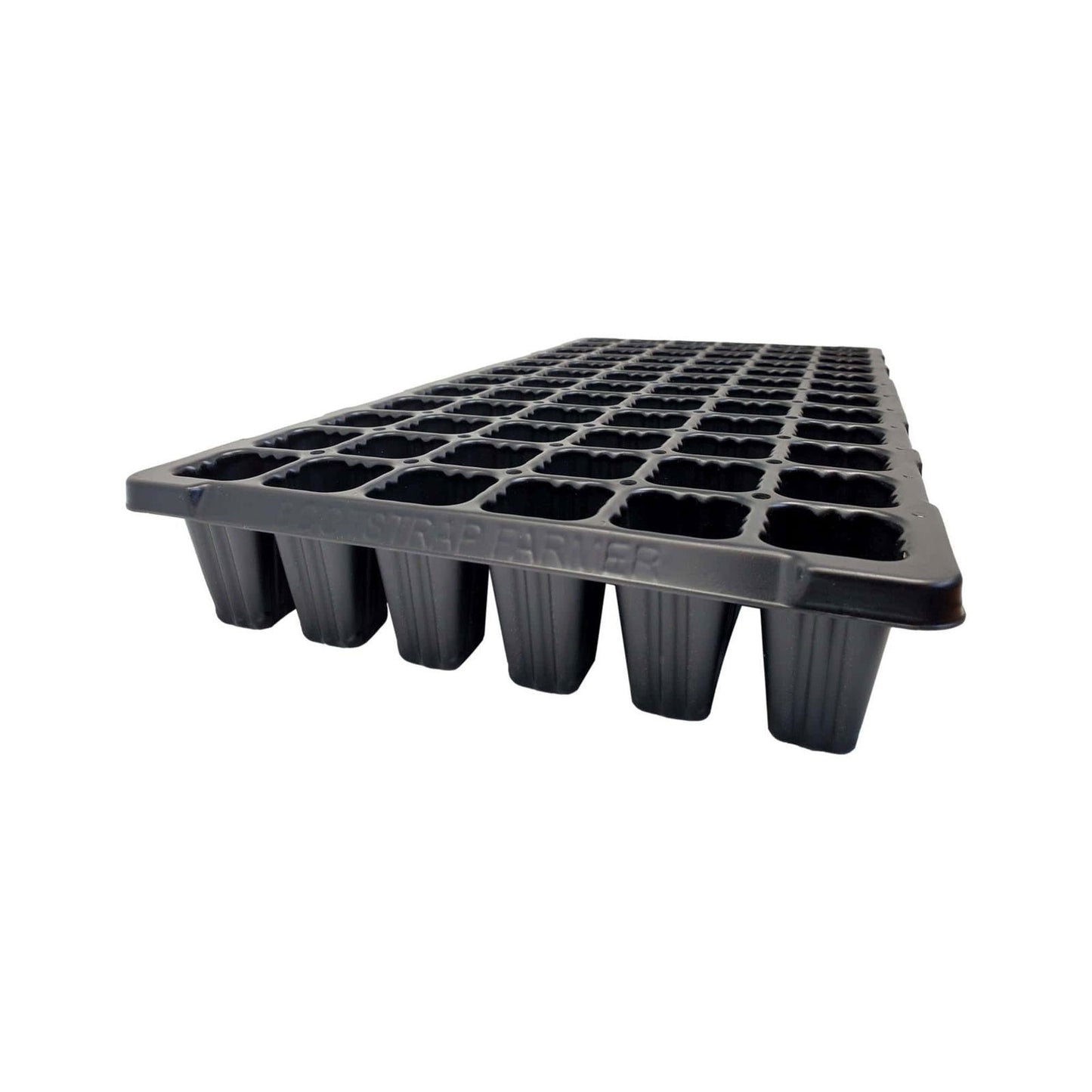 Plastic seed starting tray with 72 individual cells showing ribbed detailing and a subtle logo featuring numerous small drainage holes and a dark gray color