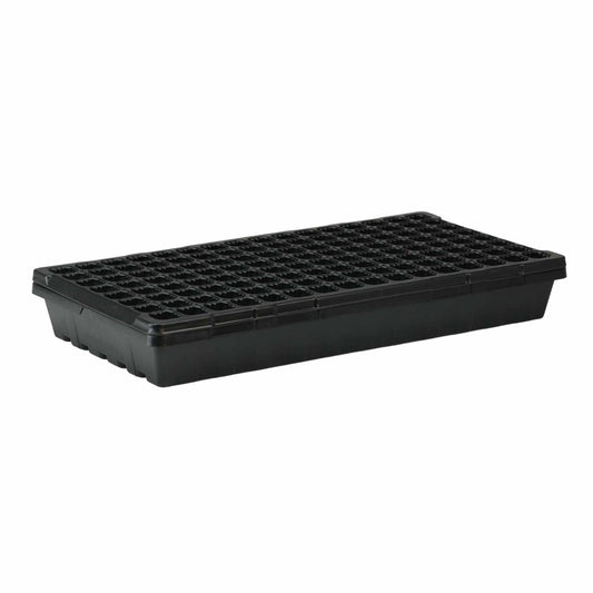 Plastic seed starting tray with numerous individual cells ideal for germination showing a matte black finish and a rectangular shape