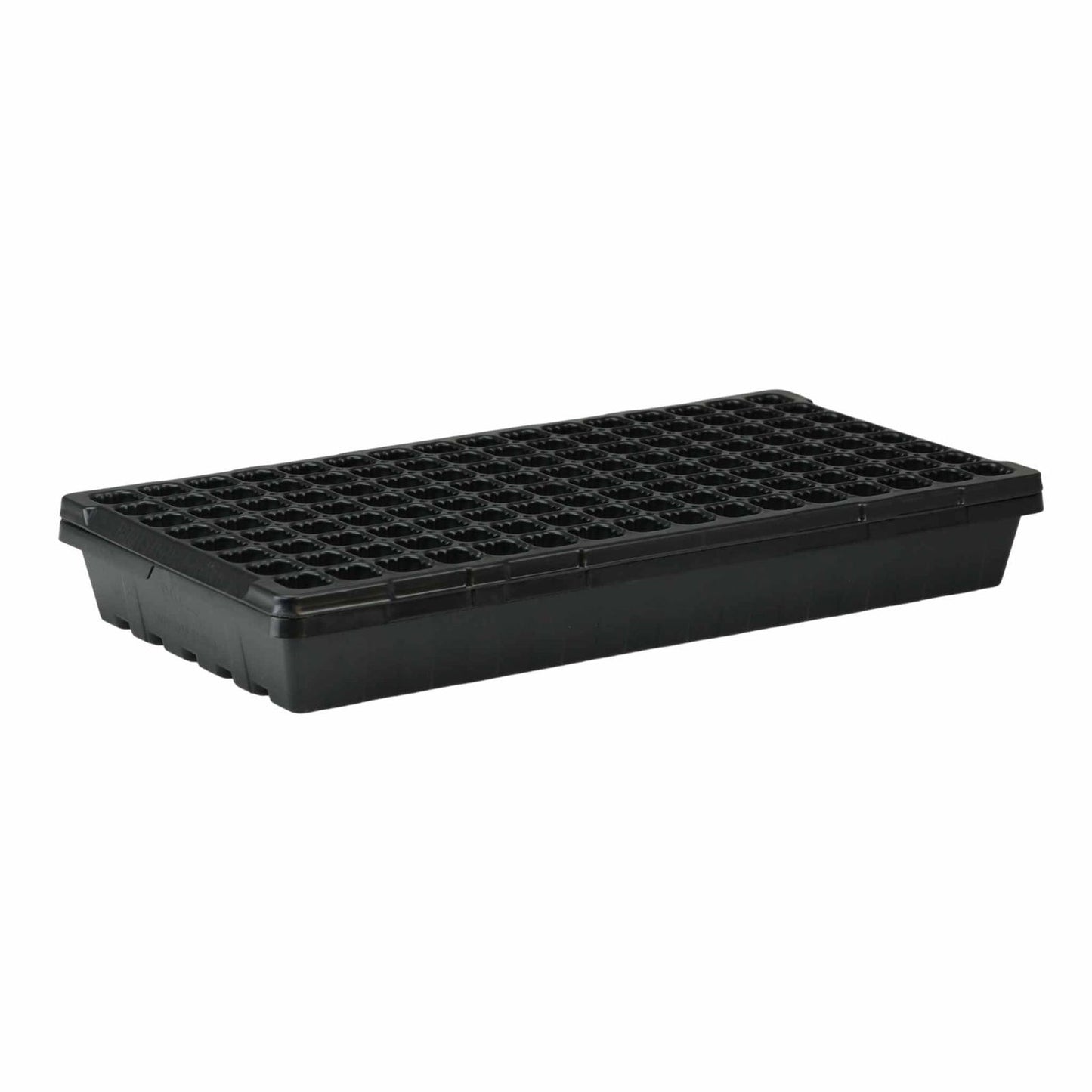 Plastic seed starting tray with numerous individual cells ideal for germination showing a matte black finish and a rectangular shape