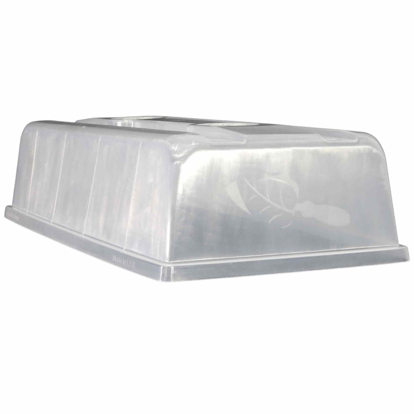 Plastic, Made in USA, clear rectangular propagation dome featuring a leaf and sprout etching, slightly opaque with a thicker base and ventilation holes.
