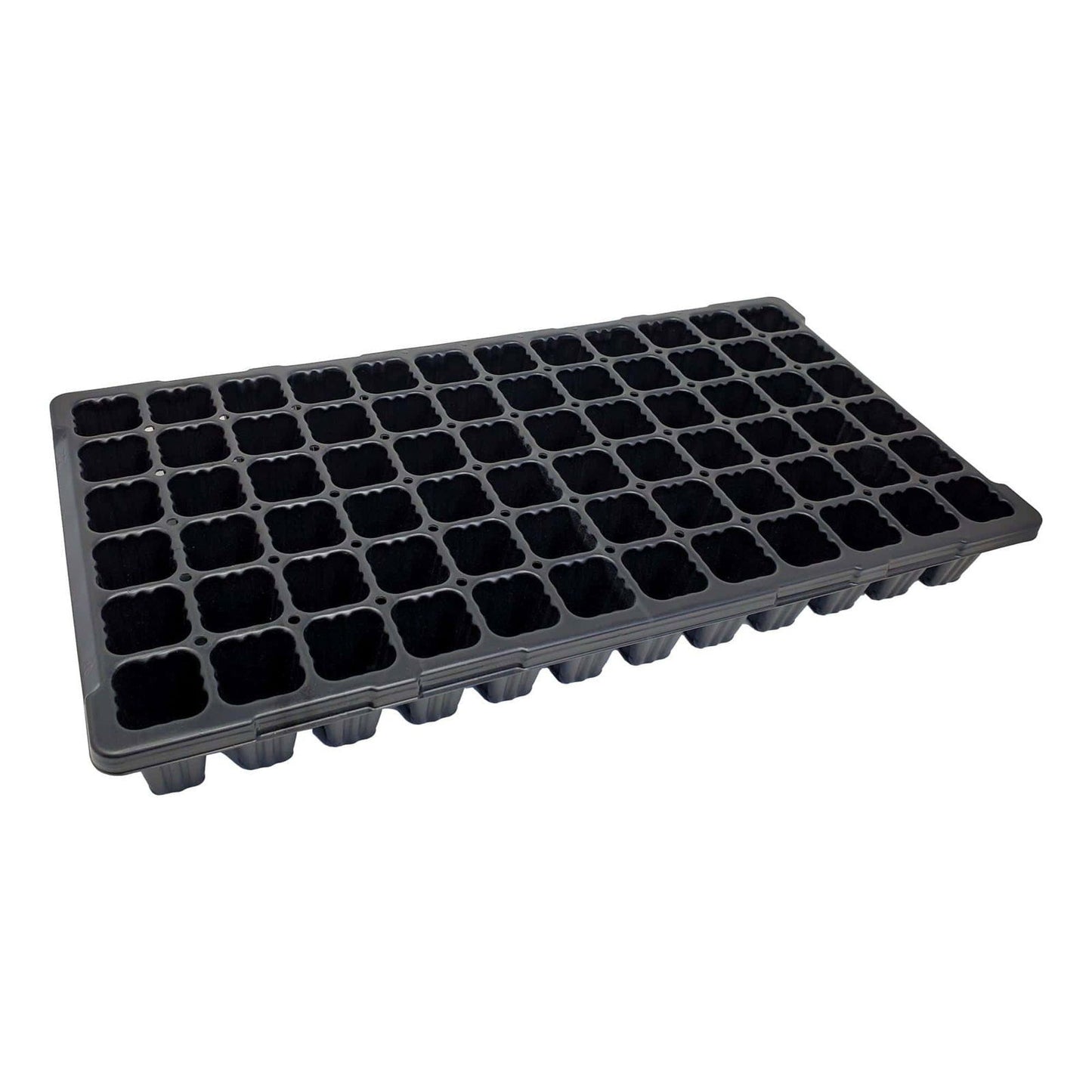 Plastic seed starting tray showing 72 individual cells with ribbed edges and drainage holes against a white background