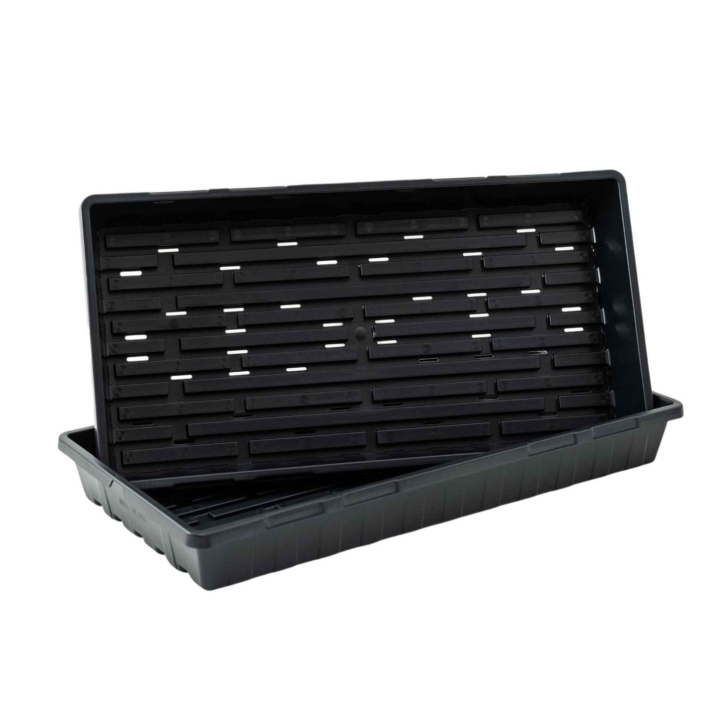 Black Bootstrap Farmer 1020 Extra Strength Trays, durable plastic trays with no holes, designed for seed starting and propagation.