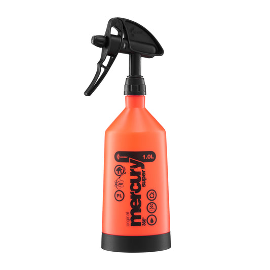 The Kwazar Mercury Trigger Sprayer by Bootstrap Farmer is a red ergonomic 1.0L spray bottle with a black nozzle and base. Its chemical-resistant, double-action, and marked with icons for various uses.