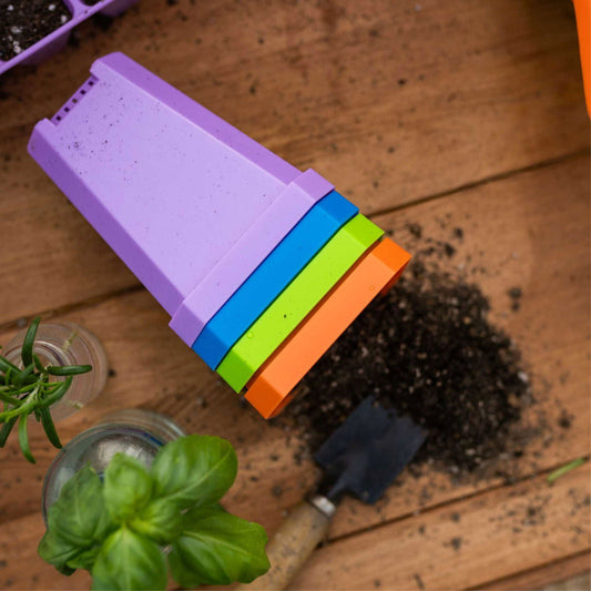 Set of 5x5 Bootstrap Farmer heavy-duty 3.3-inch seed starting pots in a colorful tray for gardening.