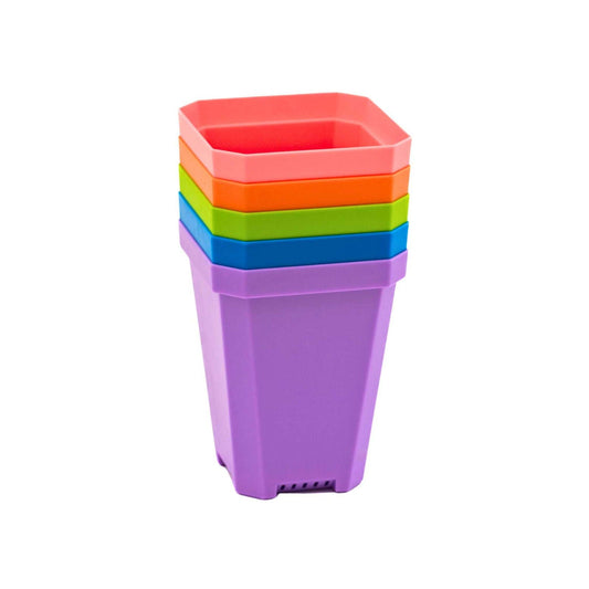 Bootstrap Farmer 3.3-inch heavy-duty seed starting pots and inserts in multicolor cell tray for plant propagation.