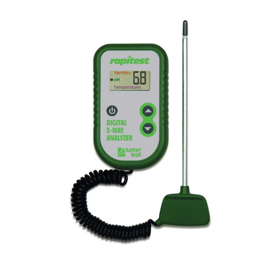 Bootstrap Farmer Luster Leaf Rapitest 3-Way Digital Analyzer showing digital display and test buttons for soil testing.