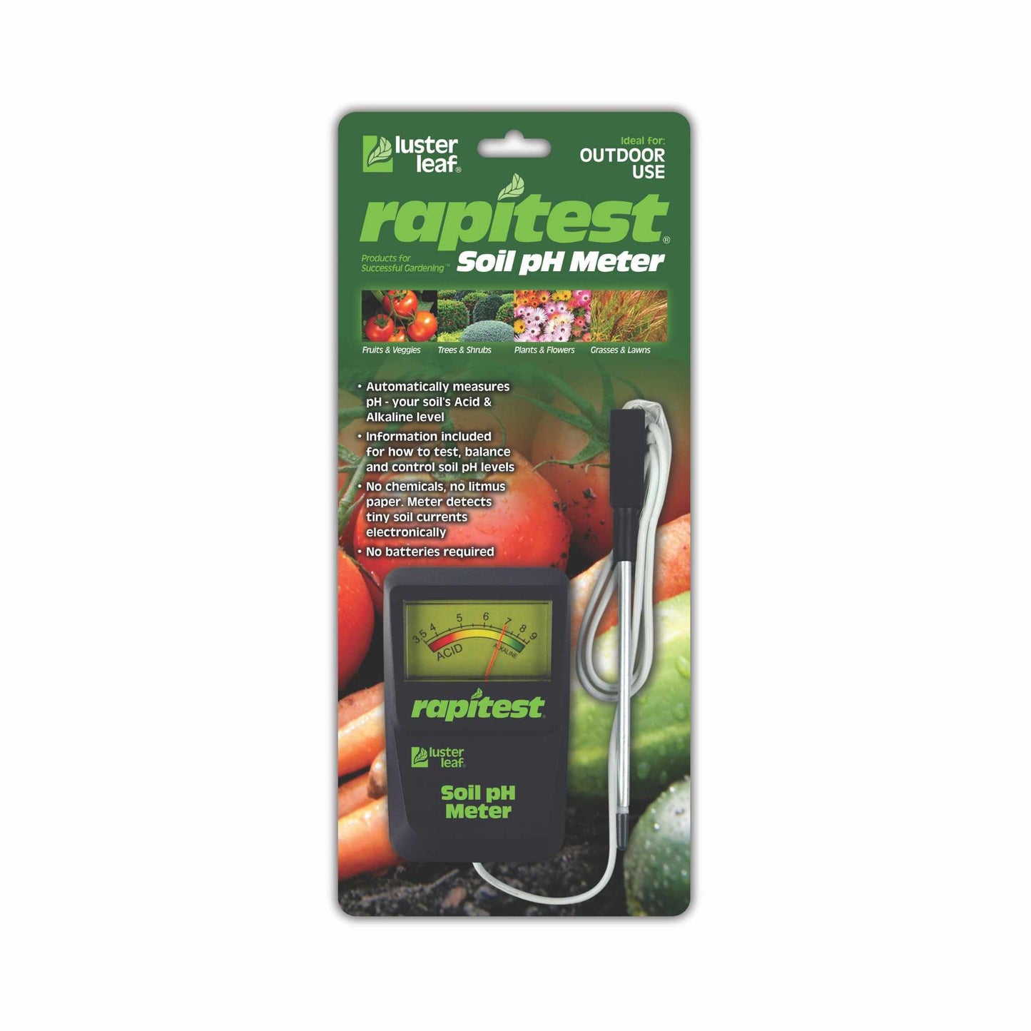 Bootstrap Farmer Luster Leaf Rapitest Soil pH Meter showing digital display and soil testing probe for accurate soil pH measurement.