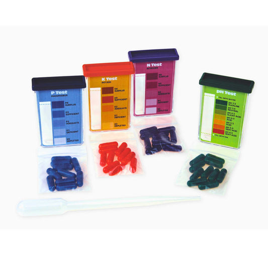 Luster Leaf Rapitest Soil Test Kit by Bootstrap Farmer showing testing tubes and soil testing materials for soil analysis.