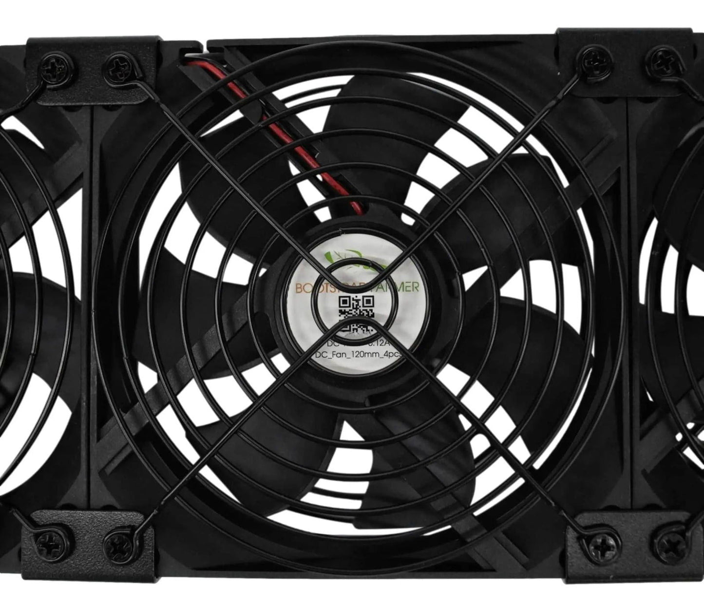 Product shot of BootStrapFarmer three black 120mm DC fans with a QR code and red wiring close-up view showing the metal framework and blade details