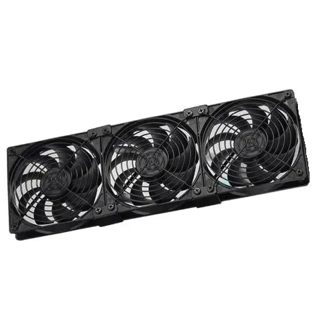 Product shot of a triple black computer cooling fan unit with visible metal screws and intricate blade designs showcasing efficient airflow
