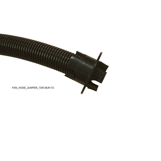 A flexible black corrugated hose with a round flanged connector, labeled FAN_HOSE_JUMPER_72IN IBJH-T2, from Bootstrap Farmer’s Greenhouse Air Inflation Kit—perfect for reducing condensation in your greenhouse.