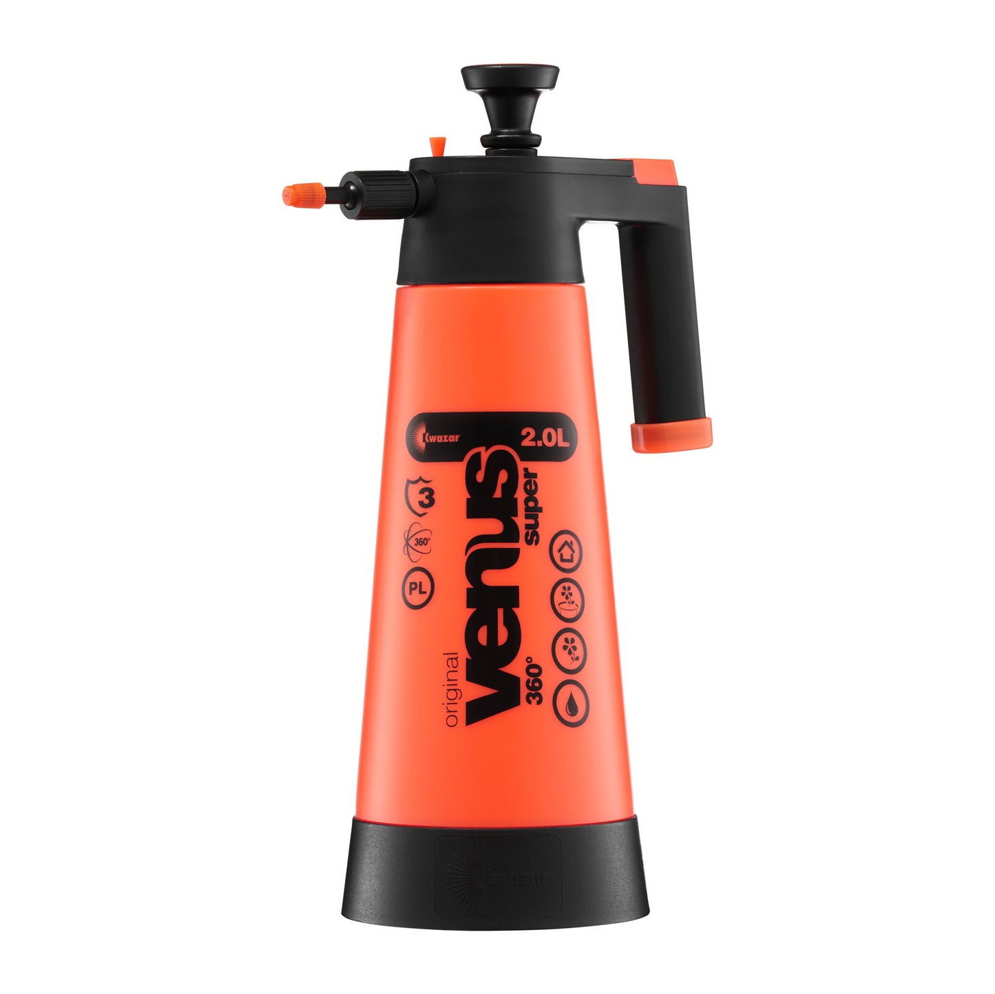 The Bootstrap Farmer Kwazar Venus Handheld Pump Sprayer, with bright orange and black design, side handle, trigger, nozzle, and front icons, is ideal for cleaning or gardening tasks.