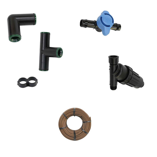 Bootstrap Farmer overhead irrigation kit for gardens, featuring hoses and spray heads for efficient watering.