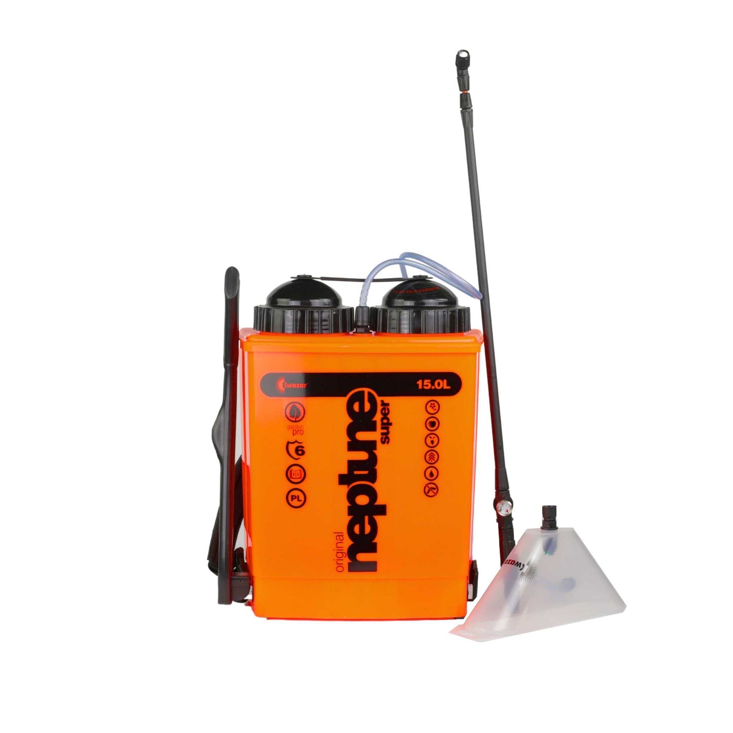 The Kwazar Neptune Commercial 15L Backpack Sprayer, by Bootstrap Farmer, features dual top-fill areas and a vibrant orange design. It includes manual and electric options, an adjustable spray nozzle, a black hose, a clear funnel for easy filling, and black logos/symbols on the side.