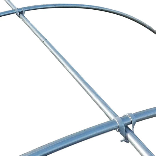 A close-up of the Bootstrap Farmer Purlin Hoophouse Upgrade Set shows intersecting metal pipes and purlins forming a curved frame structure, typical of hoop houses, isolated on a white background.