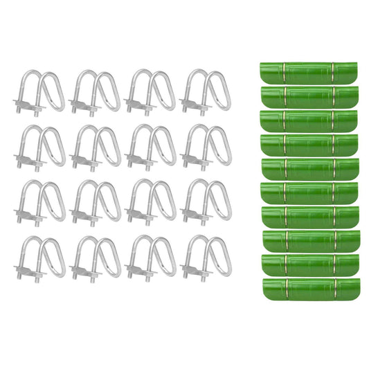 Product shot showing multiple silver U-bolts and bright green plastic channel pieces arranged against a white background
