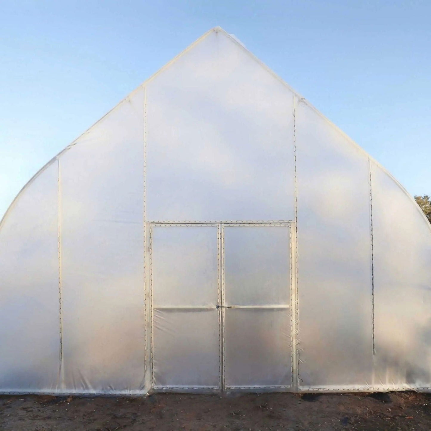 Gothic all-metal hoop house greenhouse kit by Bootstrap Farmer, with sturdy arches and clear plastic covering for plant growth.