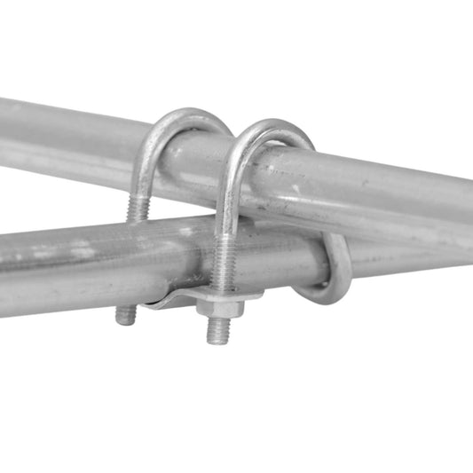 Bootstrap Farmer Cross Connectors for 3/4" EMT tubing join pipes at right angles with a secure U-bolt and two nuts—perfect for DIY low tunnel supports or connecting structures using EMT tubing.