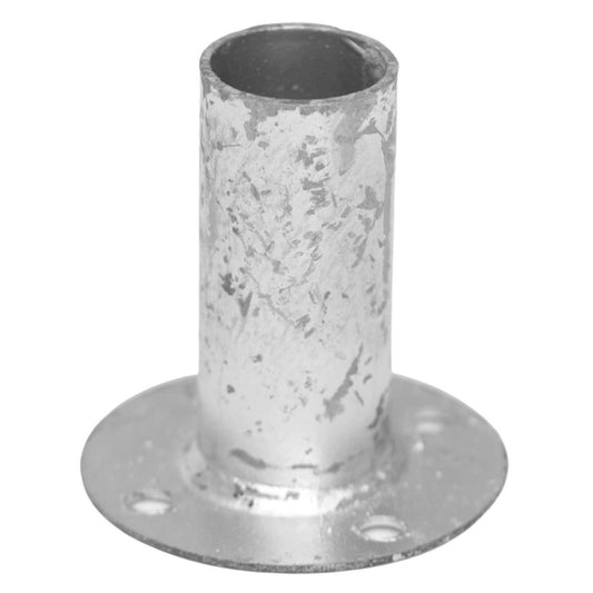 Galvanized 1.375-inch floor flange for greenhouse installation by Bootstrap Farmer, showing the metal flange with bolt holes.