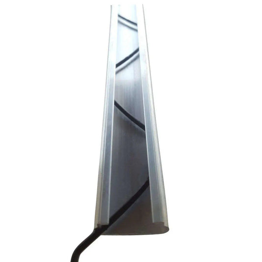 Aluminum profile showing internal black wiring and a clear plastic edge detail.