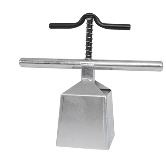 Metal tool with a black handle and spring mechanism showing a metallic grey body and a unique pyramidal shape