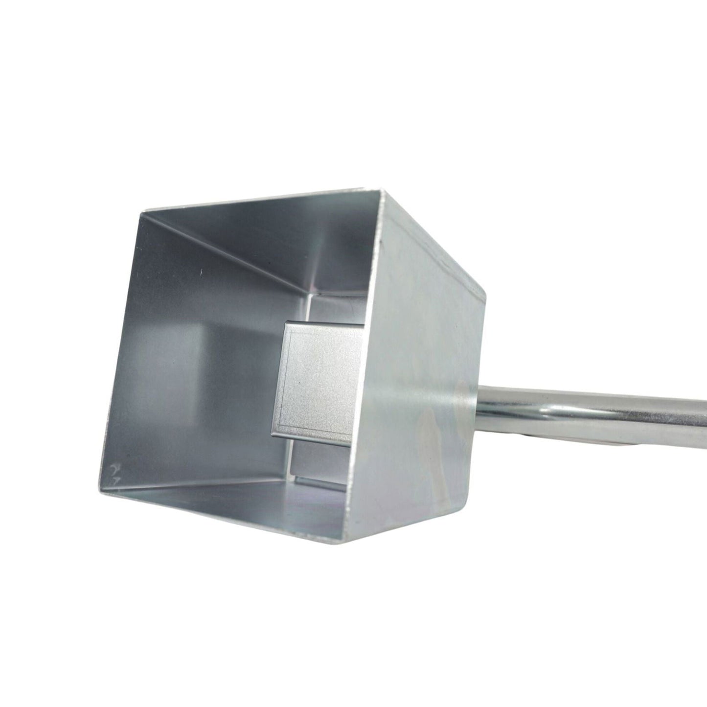 Metal tool with a square hopper and cylindrical handle showing subtle metallic sheen and weld marks on a white background