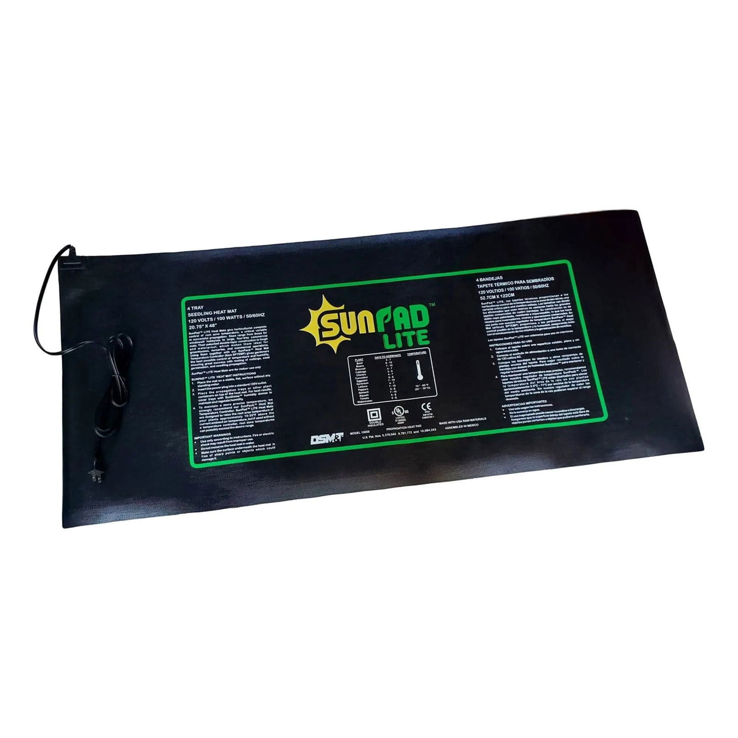DSM&T SunPad Lite 10000 seedling heat mat, 20.75" x 48", shows UL and CE certifications, features a bright green logo, and has a black, waterproof surface.