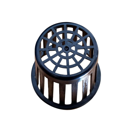 Plastic net pot for hydroponics featuring a circular top with radial cutouts and vertical slats a dark matte black finish and a small central hole