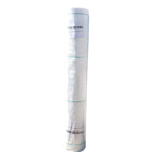 Product: A roll of white landscape fabric with teal green thread accents, showing a barcode and product label