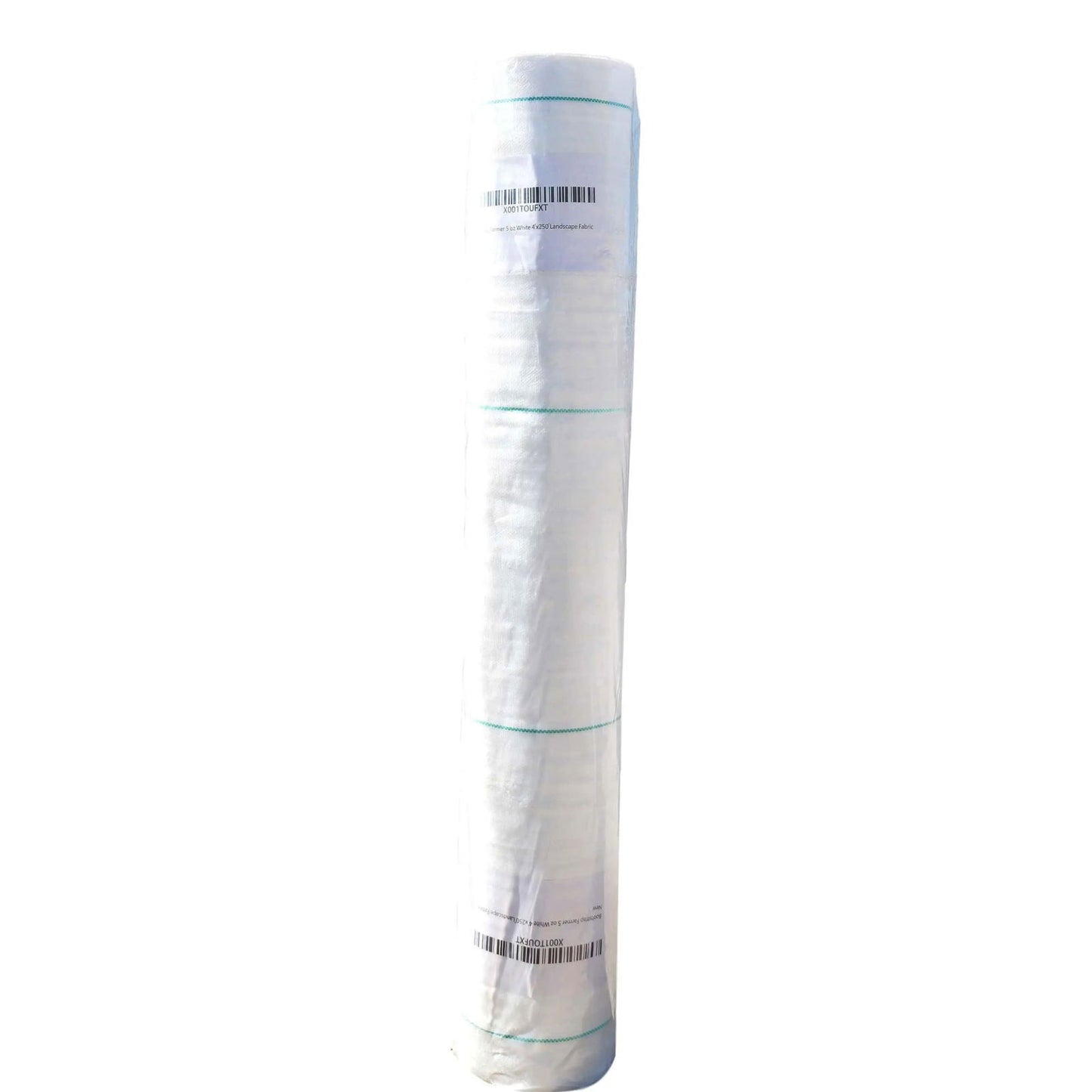 Product: A roll of white landscape fabric with teal green thread accents, showing a barcode and product label
