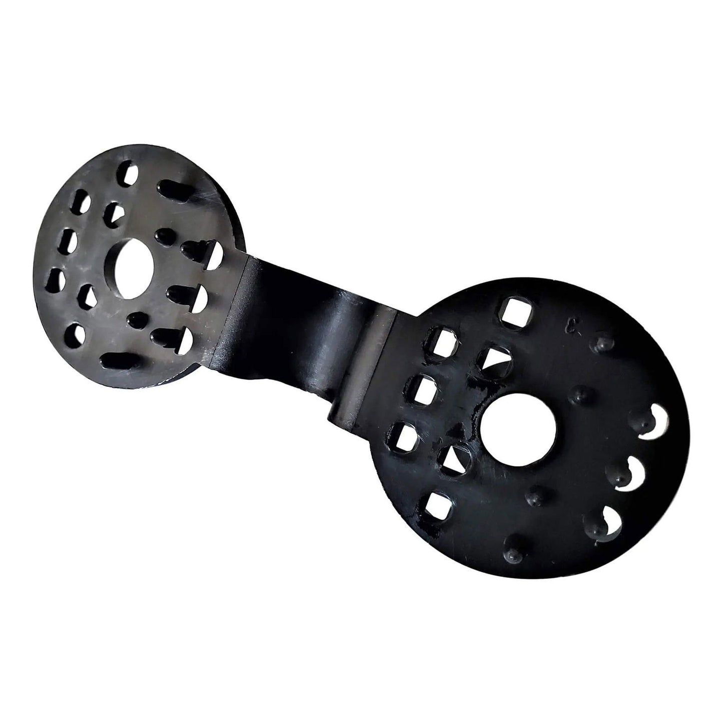 The Bootstrap Farmer Greenhouse Shade Cloth Clips feature a black metal bracket with two perforated circular ends and a curved center strip, each end offering multiple hole shapes plus a large central hole for easy tarp or shade cloth attachment.