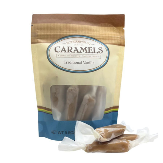 Box of two packs of Boxicanyon Vanilla Caramels, featuring 12 creamy caramel candies in each pack, from BuyNebraska.com.