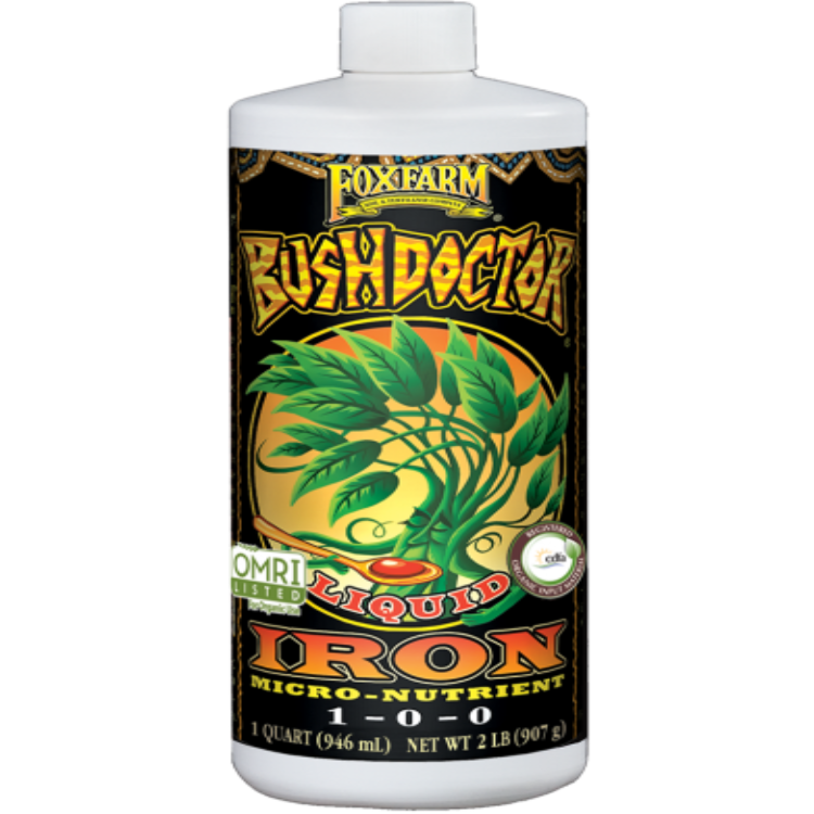 Bottle of Bush Doctor Organic Liquid Iron fertilizer from Rivendell Distribution, showing the product label and packaging.