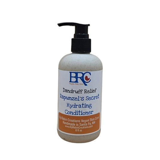 By Robin Creations Liquid Dandruff Relief Hair Conditioner in a biodegradable pump bottle, showing the conditioner and packaging.