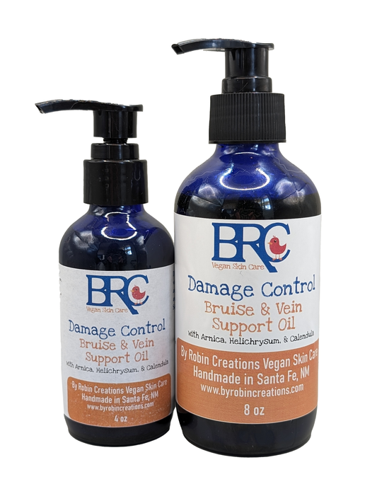 By Robin Creations Damage Control bruise and varicose vein support oil in a 4 oz glass pump bottle, body care for skin soothing.