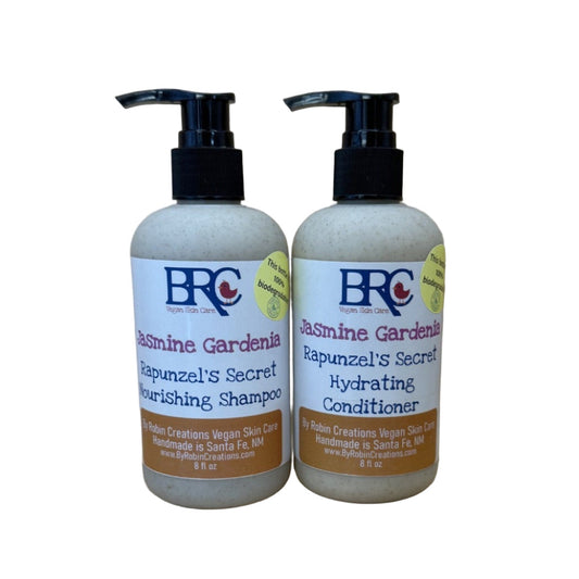 By Robin Creations Rapunzel's Secret Liquid Shampoo & Conditioner set in biodegradable bottles, designed for hair, brows, and eyelashes.
