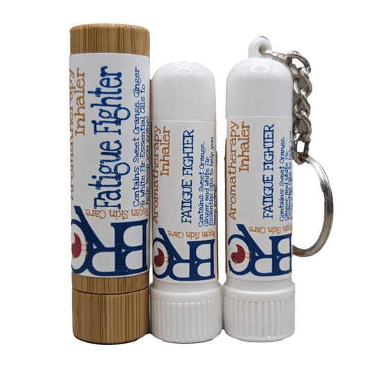 By Robin Creations fatigue fighter aromatherapy inhaler in plastic case, designed for massage and relaxation.