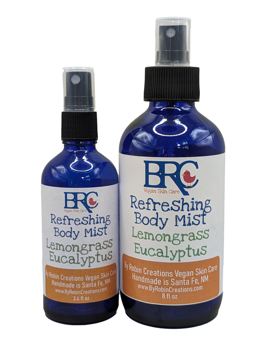 By Robin Creations winter blend essential oil body mist in a 3.4 oz glass bottle, light and refreshing perfume with balsam pine scent